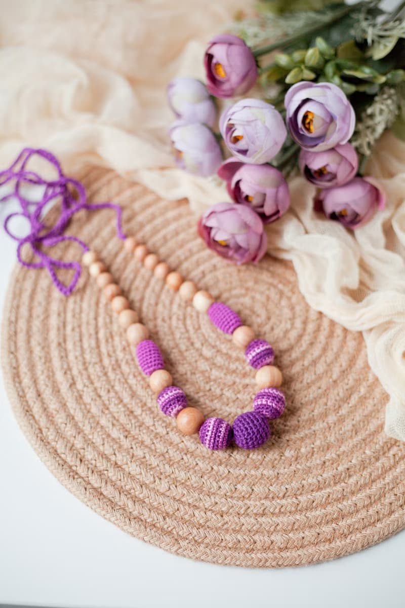Purple Stripped Wooden Crochet Necklace - Modern Jewelry for Breastfeeding Mom
