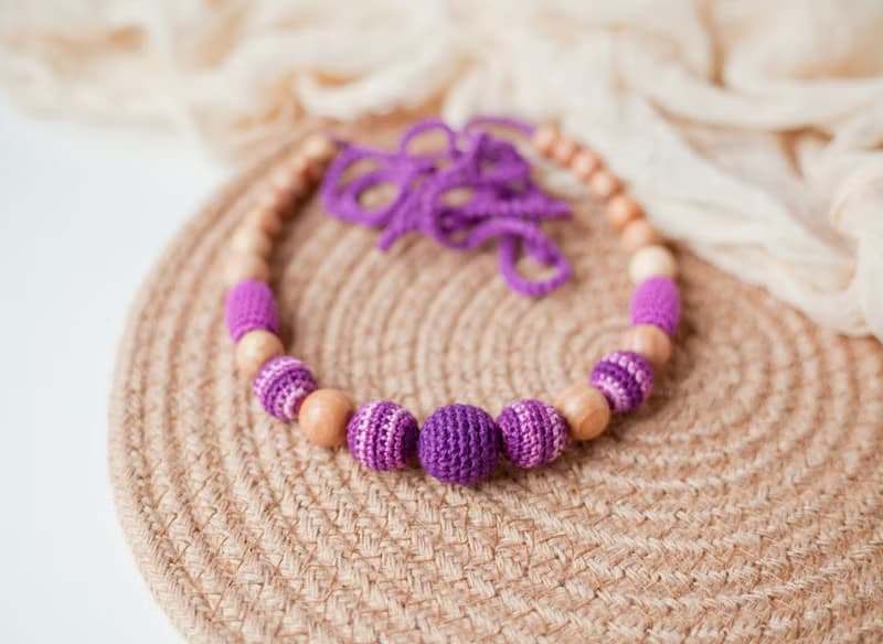 Purple Stripped Wooden Crochet Necklace - Modern Jewelry for Breastfeeding Mom