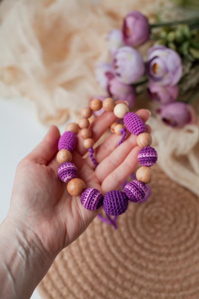 Purple Stripped Wooden Crochet Necklace - Modern Jewelry for Breastfeeding Mom