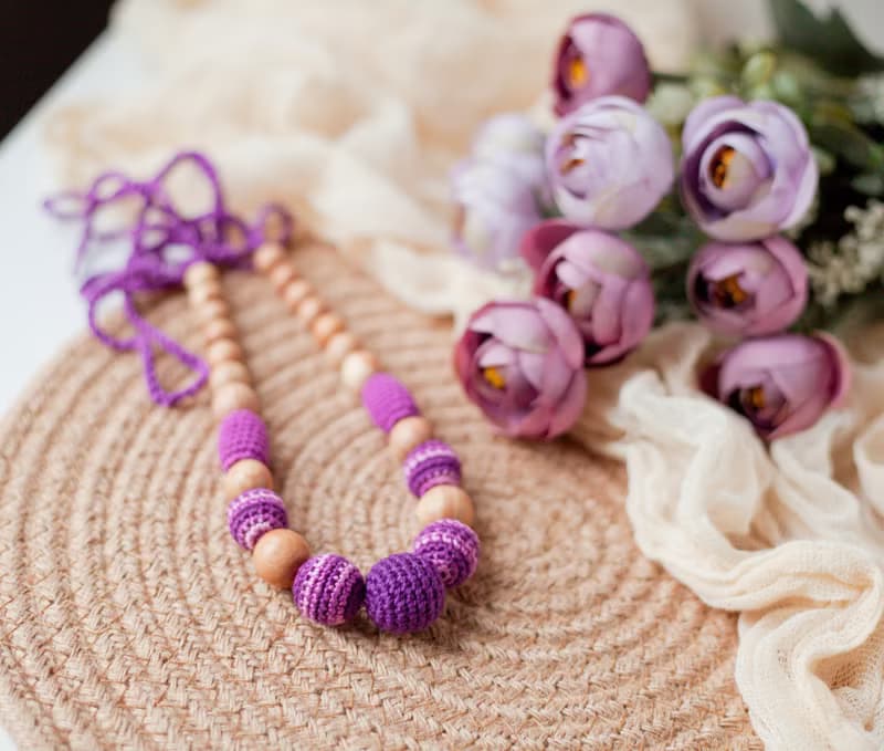 Purple Stripped Wooden Crochet Necklace - Modern Jewelry for Breastfeeding Mom