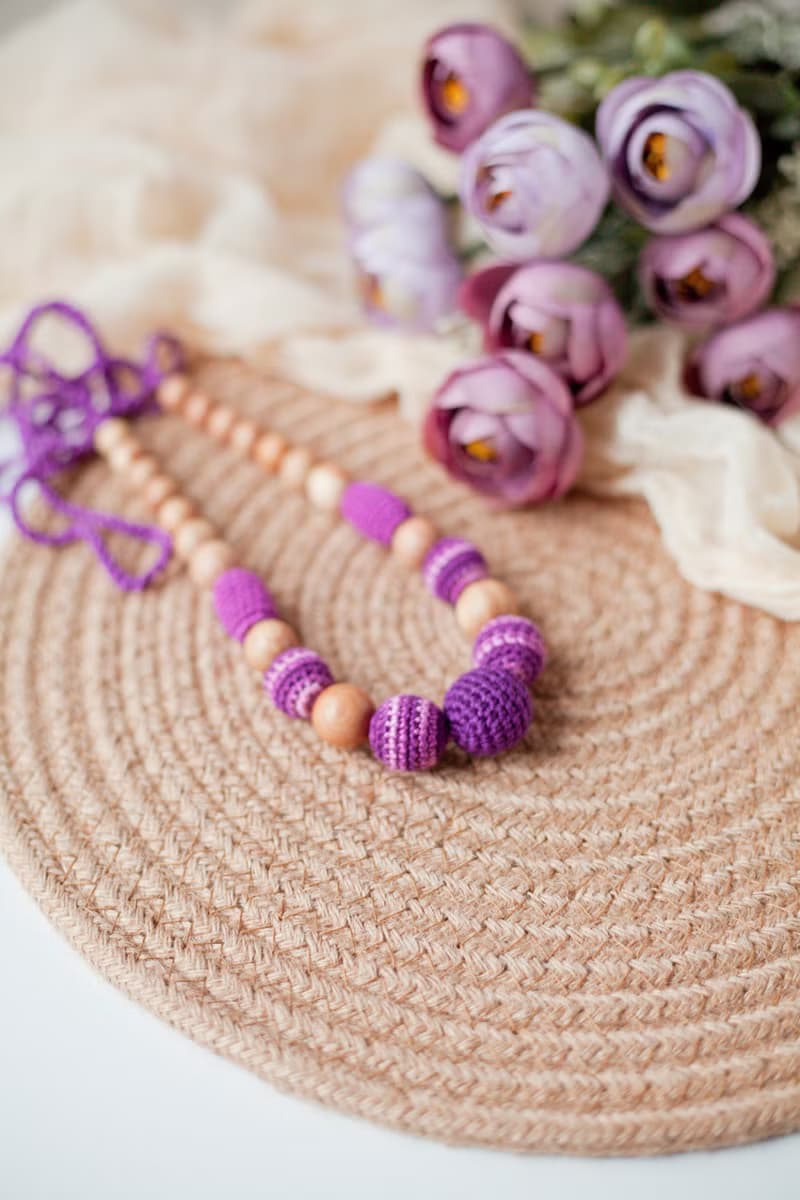 Purple Stripped Wooden Crochet Necklace - Modern Jewelry for Breastfeeding Mom
