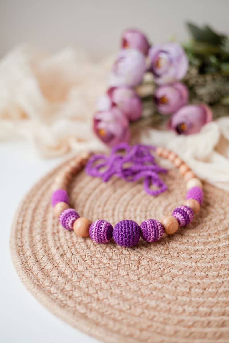 Purple Stripped Wooden Crochet Necklace - Modern Jewelry for Breastfeeding Mom