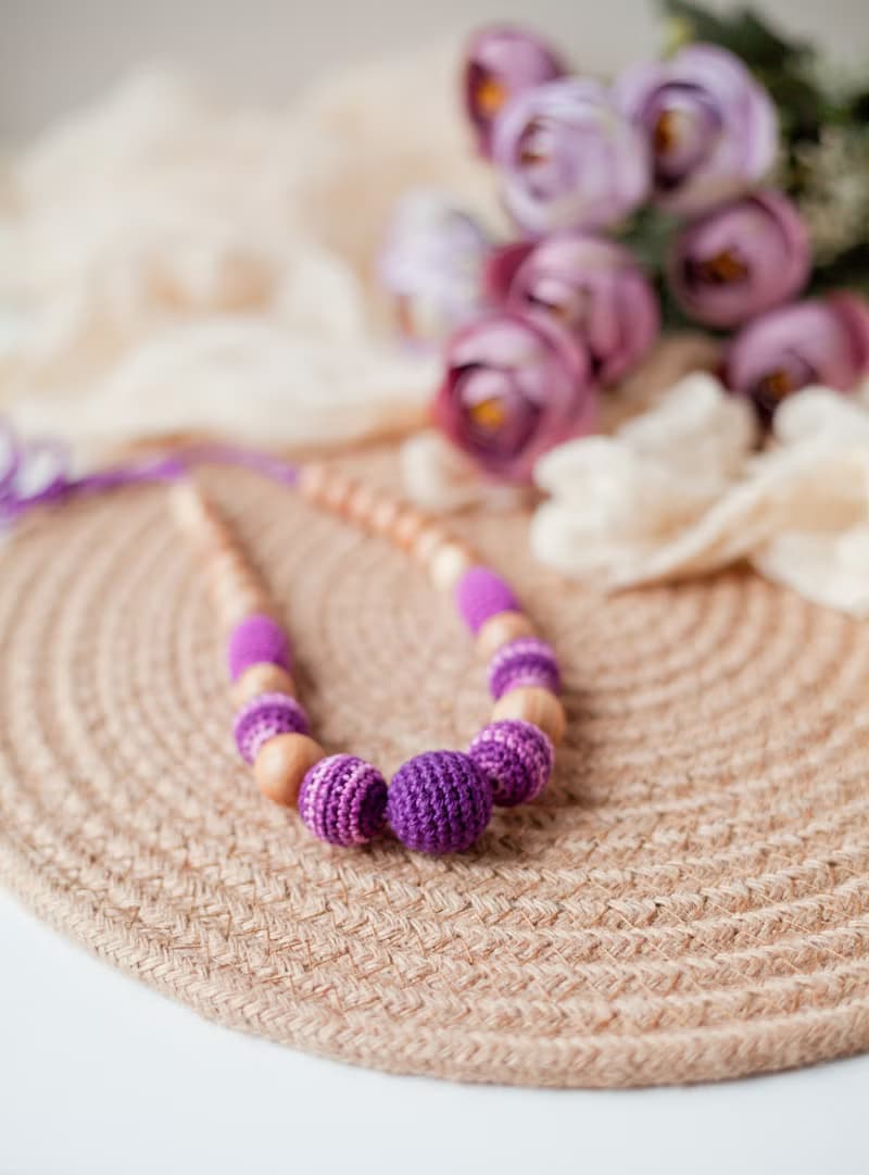 Purple Stripped Wooden Crochet Necklace - Modern Jewelry for Breastfeeding Mom