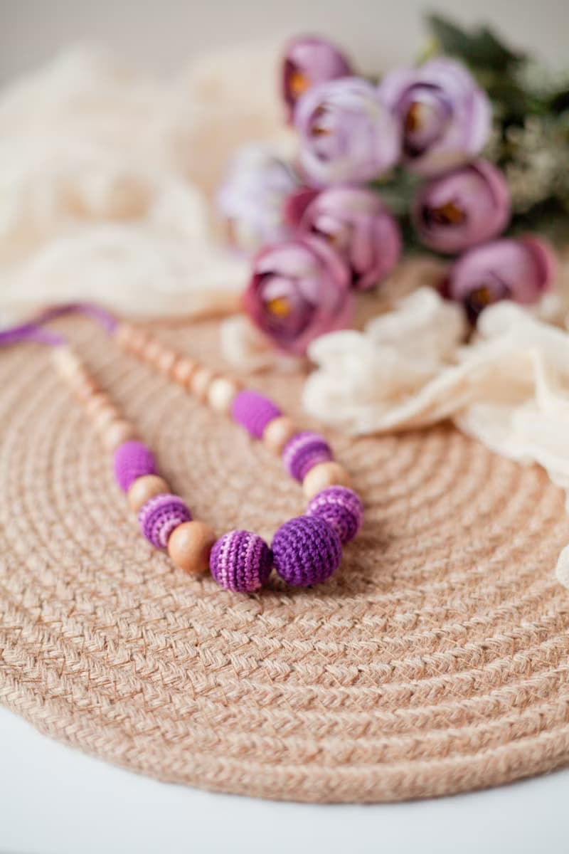 Purple Stripped Wooden Crochet Necklace - Modern Jewelry for Breastfeeding Mom