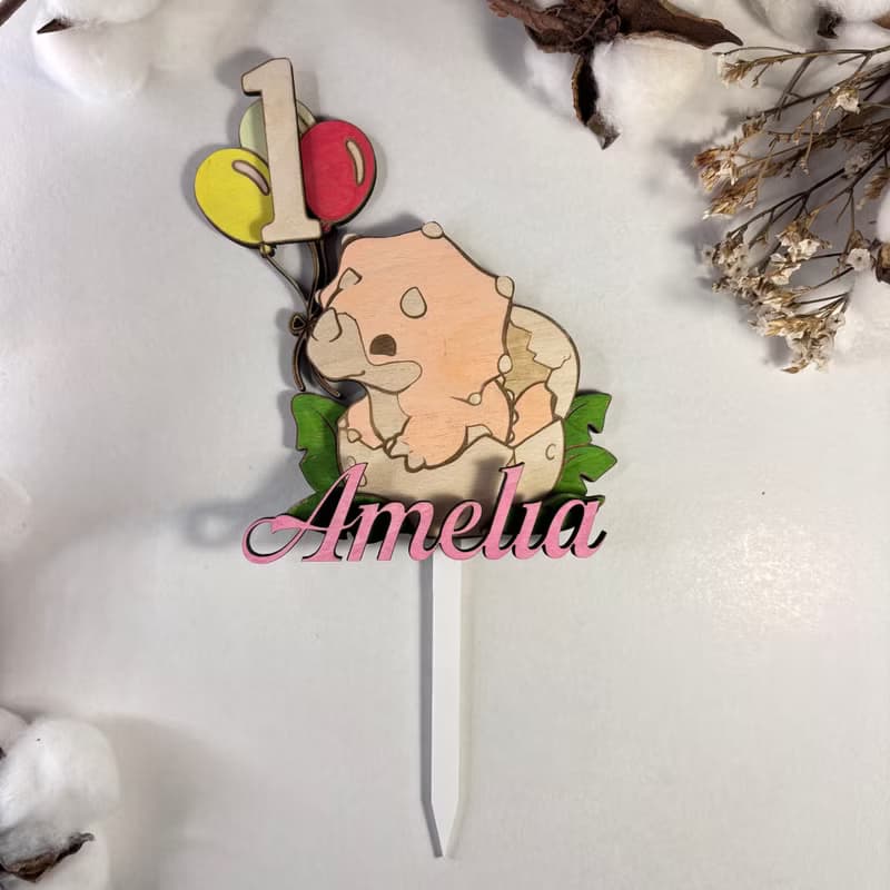 Dino Wood Custom Cake Topper - Hand Painted Birthday Keepsake - Custom Name