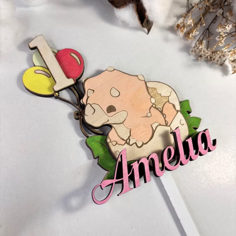 Dino Wood Custom Cake Topper - Hand Painted Birthday Keepsake - Custom Name