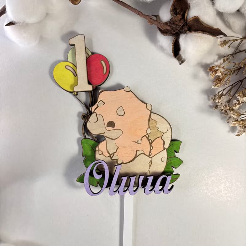 Dino Wood Custom Cake Topper - Hand Painted Birthday Keepsake - Custom Name