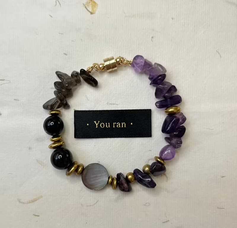 Moonlight 月色。紫水晶寶石手環 手鍊 茶晶黑曜石黑曜岩黃銅手鍊