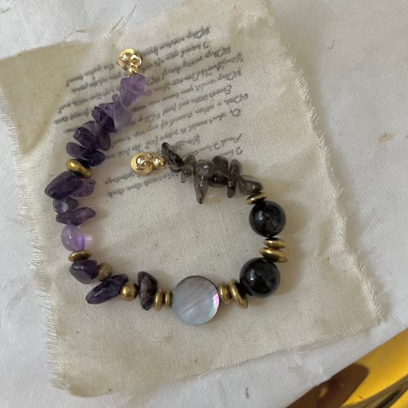 Moonlight 月色。紫水晶寶石手環 手鍊 茶晶黑曜石黑曜岩黃銅手鍊