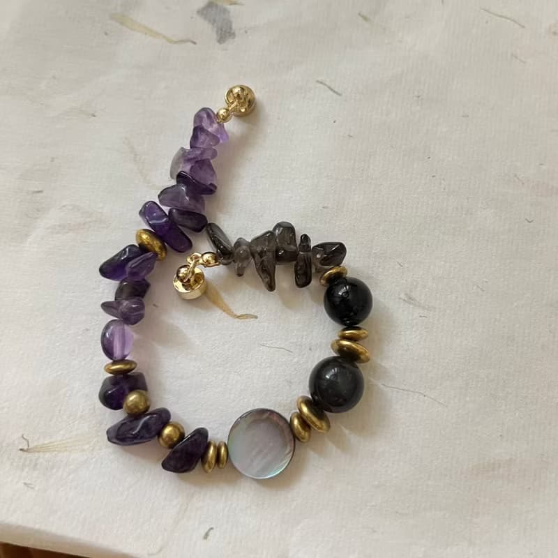 Moonlight 月色。紫水晶寶石手環 手鍊 茶晶黑曜石黑曜岩黃銅手鍊