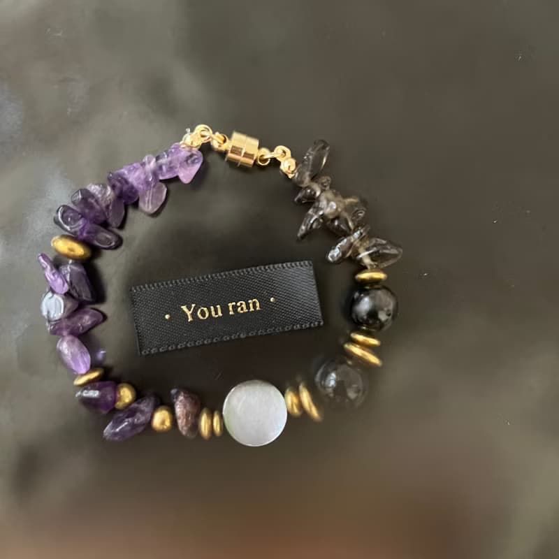 Moonlight 月色。紫水晶寶石手環 手鍊 茶晶黑曜石黑曜岩黃銅手鍊