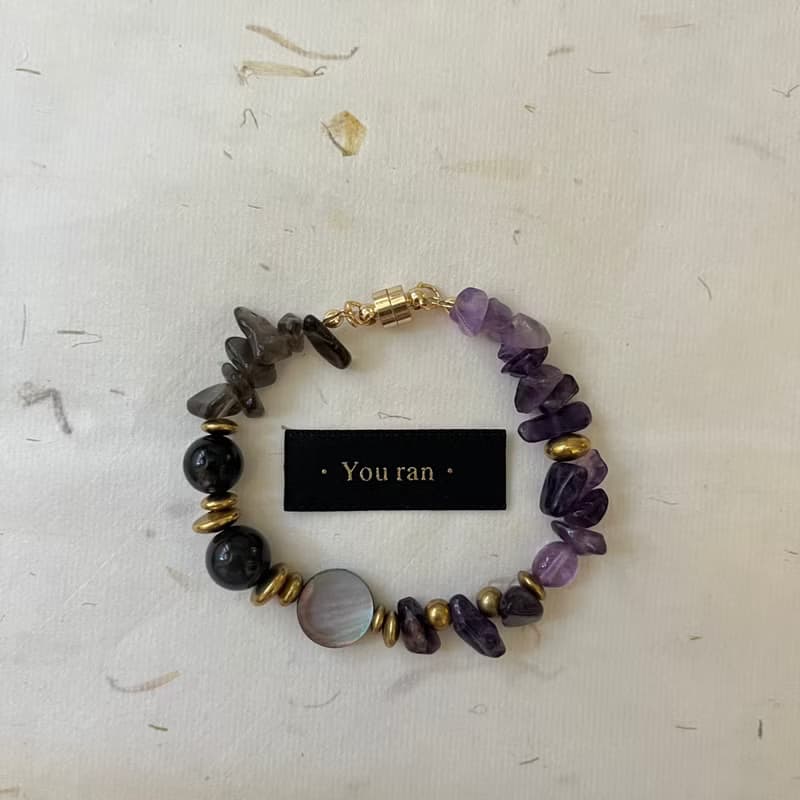 Moonlight 月色。紫水晶寶石手環 手鍊 茶晶黑曜石黑曜岩黃銅手鍊