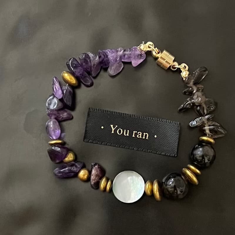 Moonlight 月色。紫水晶寶石手環 手鍊 茶晶黑曜石黑曜岩黃銅手鍊