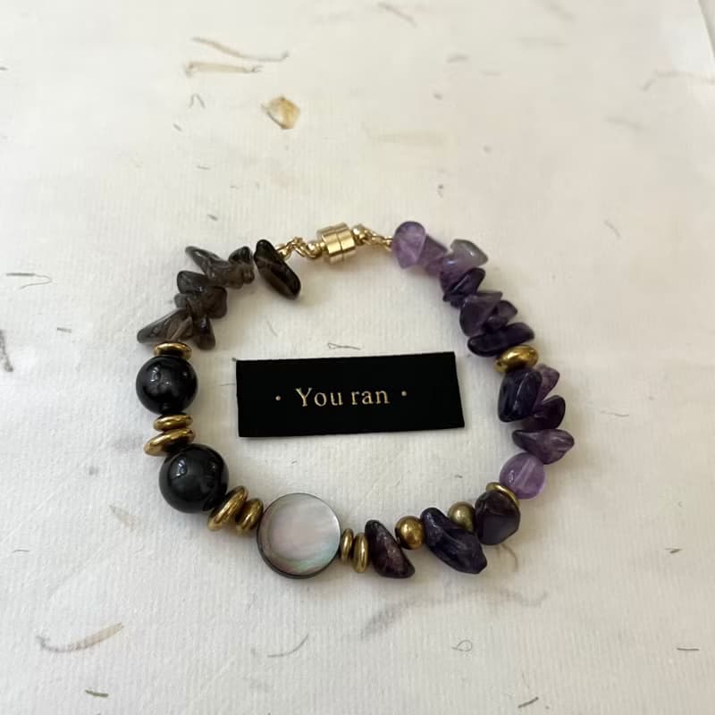 Moonlight 月色。紫水晶寶石手環 手鍊 茶晶黑曜石黑曜岩黃銅手鍊