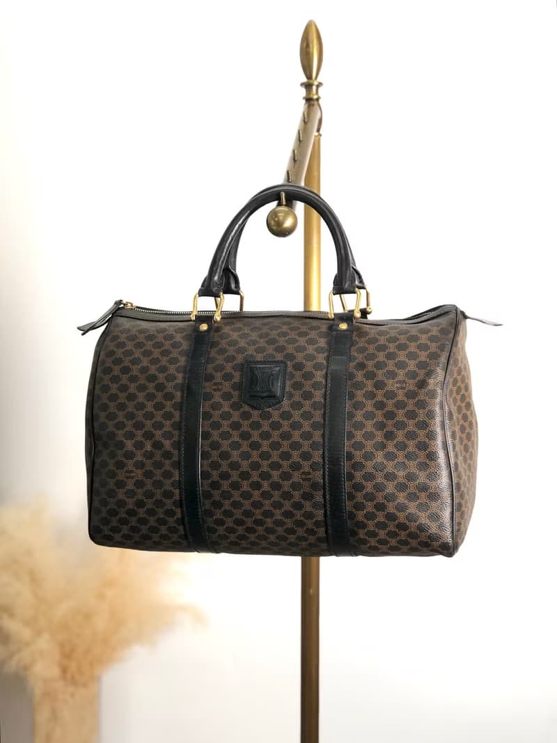 【 日本直送　名牌中古包 】CELINE セリーヌ マカダム ハンドバッグ ブラック ブラゾン型押し PVC レザー ミニボストン vintage ibfr5i