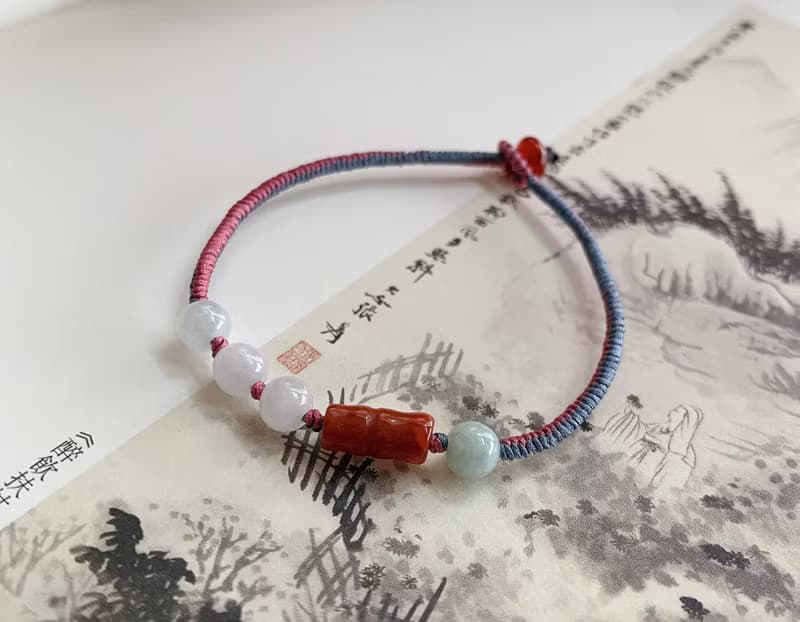 售完欣賞// 池亭畔。天然翡翠復古編織手鏈 南紅竹節手繩玉石瑪瑙