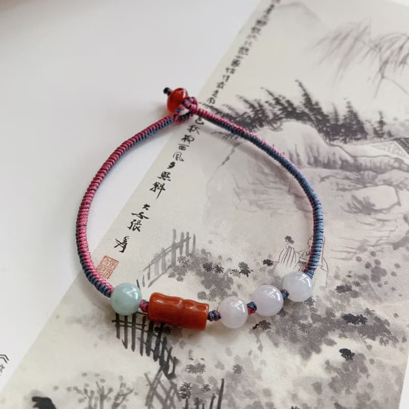 售完欣賞// 池亭畔。天然翡翠復古編織手鏈 南紅竹節手繩玉石瑪瑙
