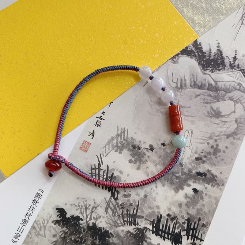 售完欣賞// 池亭畔。天然翡翠復古編織手鏈 南紅竹節手繩玉石瑪瑙