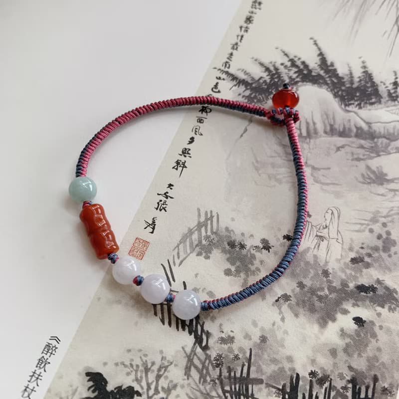 售完欣賞// 池亭畔。天然翡翠復古編織手鏈 南紅竹節手繩玉石瑪瑙