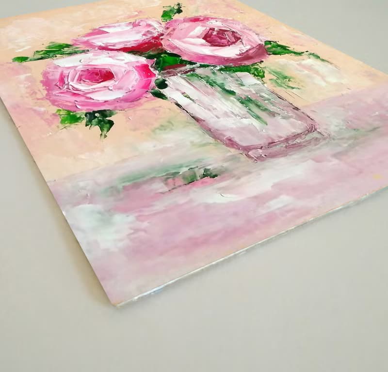 Pink Flowers Original Painting, Roses Wall Art, Floral Artwork, Gift for Woman