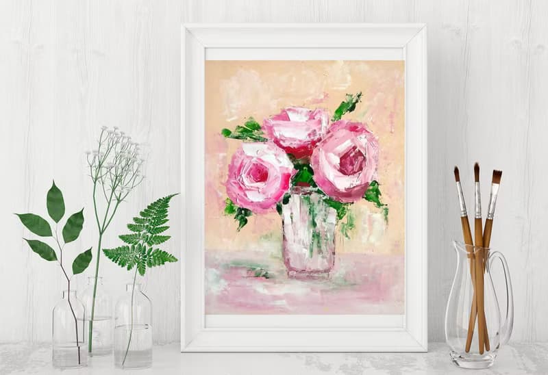 Pink Flowers Original Painting, Roses Wall Art, Floral Artwork, Gift for Woman
