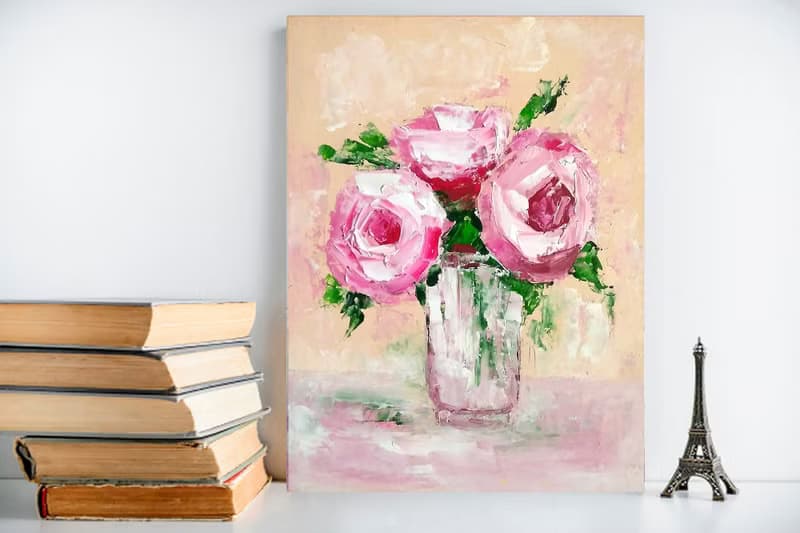 Pink Flowers Original Painting, Roses Wall Art, Floral Artwork, Gift for Woman