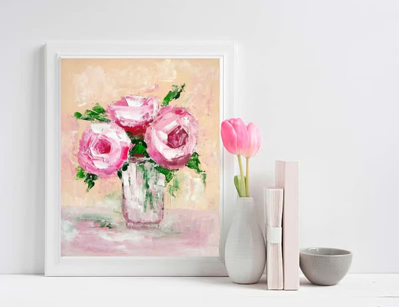 Pink Flowers Original Painting, Roses Wall Art, Floral Artwork, Gift for Woman