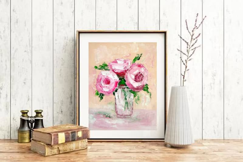 Pink Flowers Original Painting, Roses Wall Art, Floral Artwork, Gift for Woman