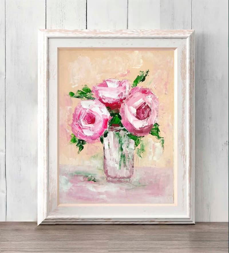 Pink Flowers Original Painting, Roses Wall Art, Floral Artwork, Gift for Woman