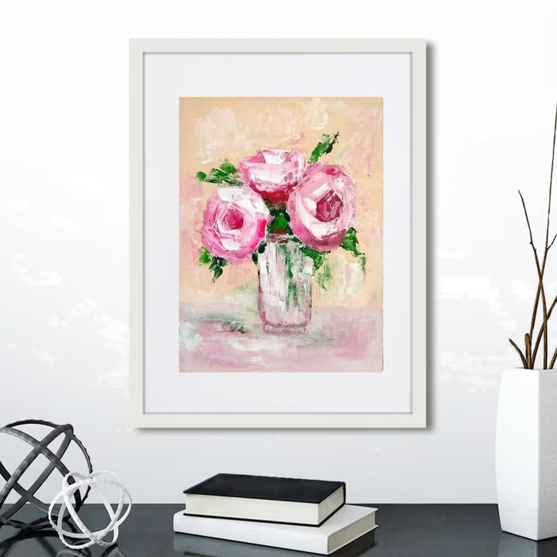 Pink Flowers Original Painting, Roses Wall Art, Floral Artwork, Gift for Woman