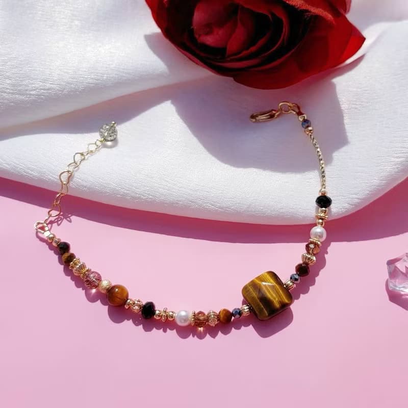 幸福躲貓貓。黃虎眼 尖晶石 黑金超七 14K包金 水晶礦石設計手鍊