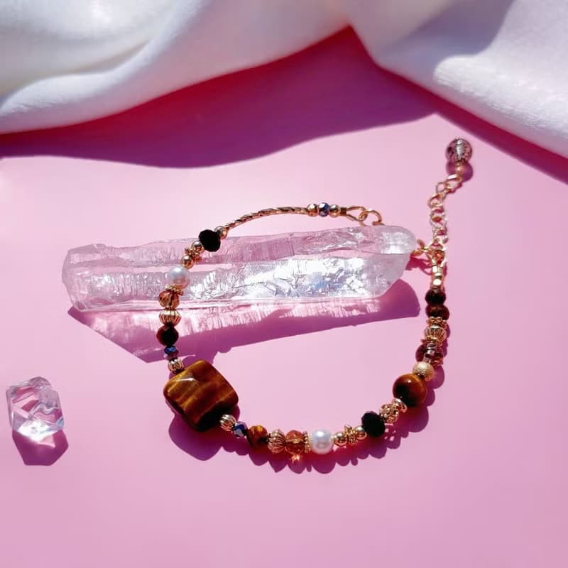 幸福躲貓貓。黃虎眼 尖晶石 黑金超七 14K包金 水晶礦石設計手鍊