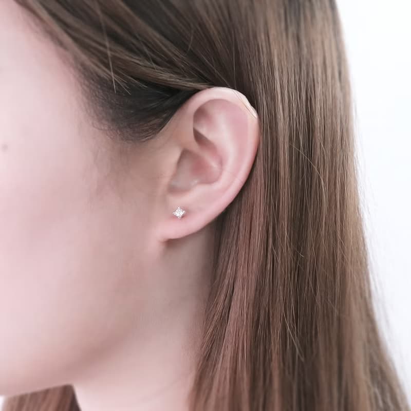 極簡方形 3mm 單鑽耳環 爪鑲設計 925純銀耳環 女生 男生耳環