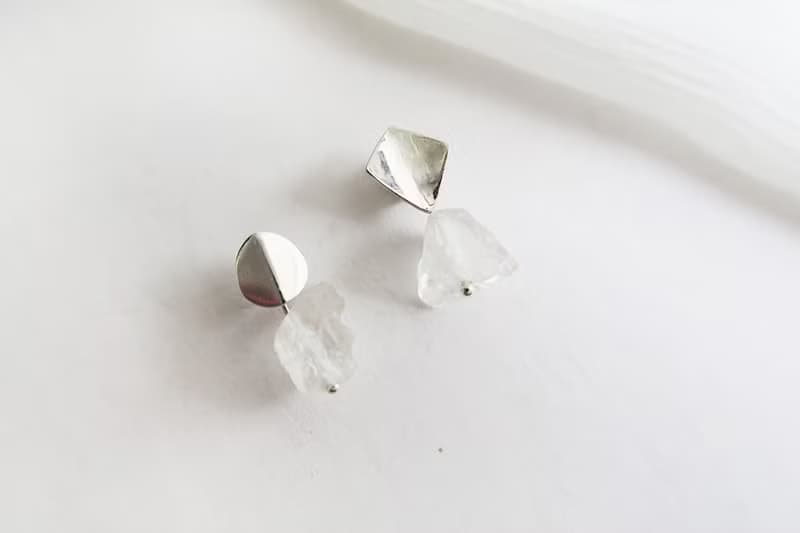 925純銀  方、圓折射光 白水晶 耳環 一對