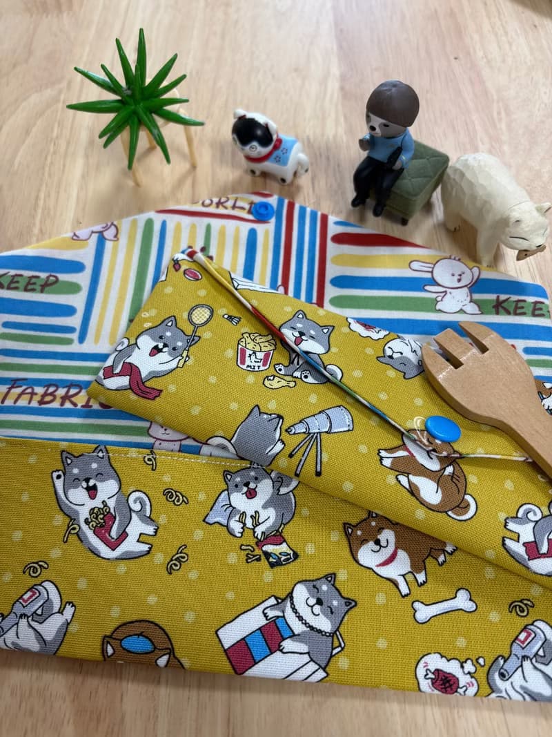 文青風環保純棉筷袋 柴犬愛逛街  大地黃 優質 日本 潮物 收納 手