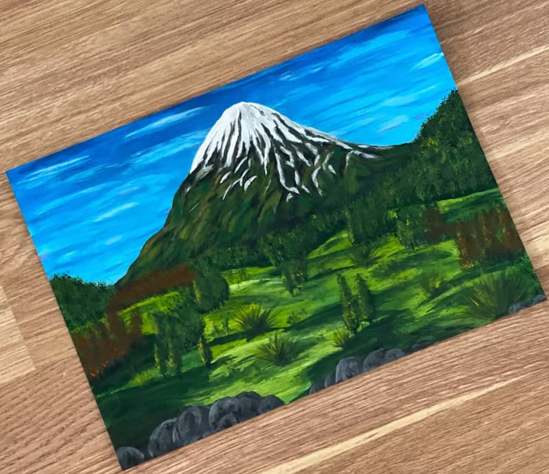Snow-white hill. Mountain landscape. Gouache.