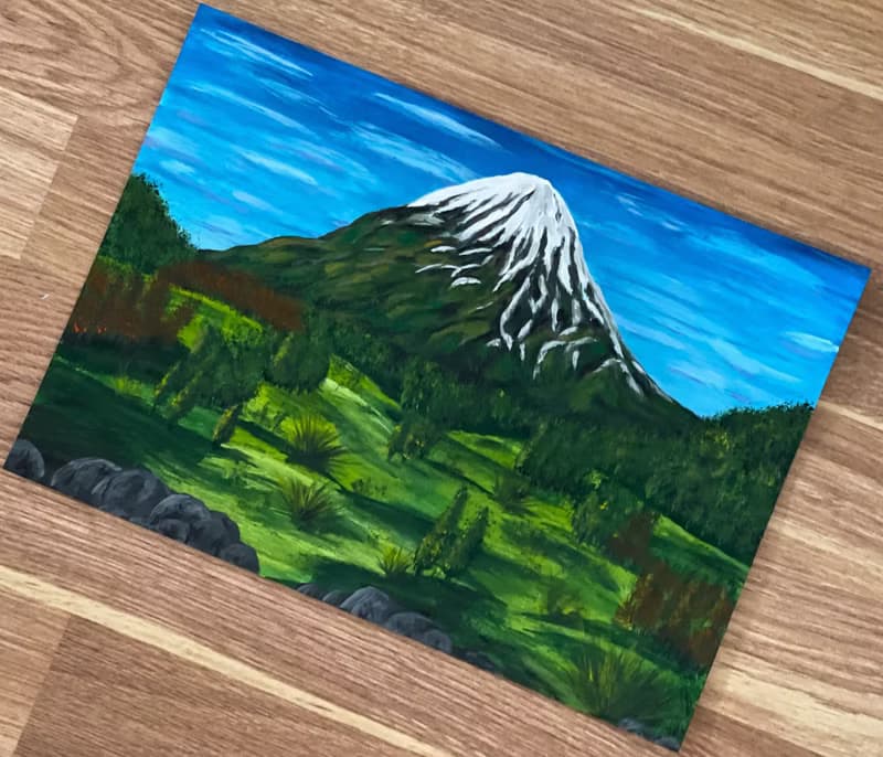 Snow-white hill. Mountain landscape. Gouache.