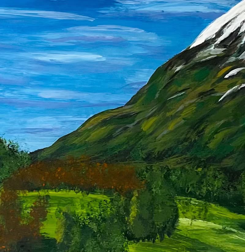 Snow-white hill. Mountain landscape. Gouache.