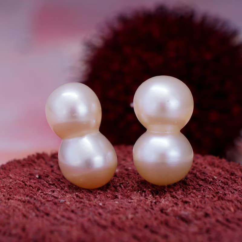 孿生 - 13x8mm 花生形 粉紅色 珍珠 銀電白金 耳針 耳環