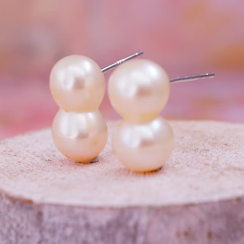 孿生 - 13x8mm 花生形 粉紅色 珍珠 銀電白金 耳針 耳環