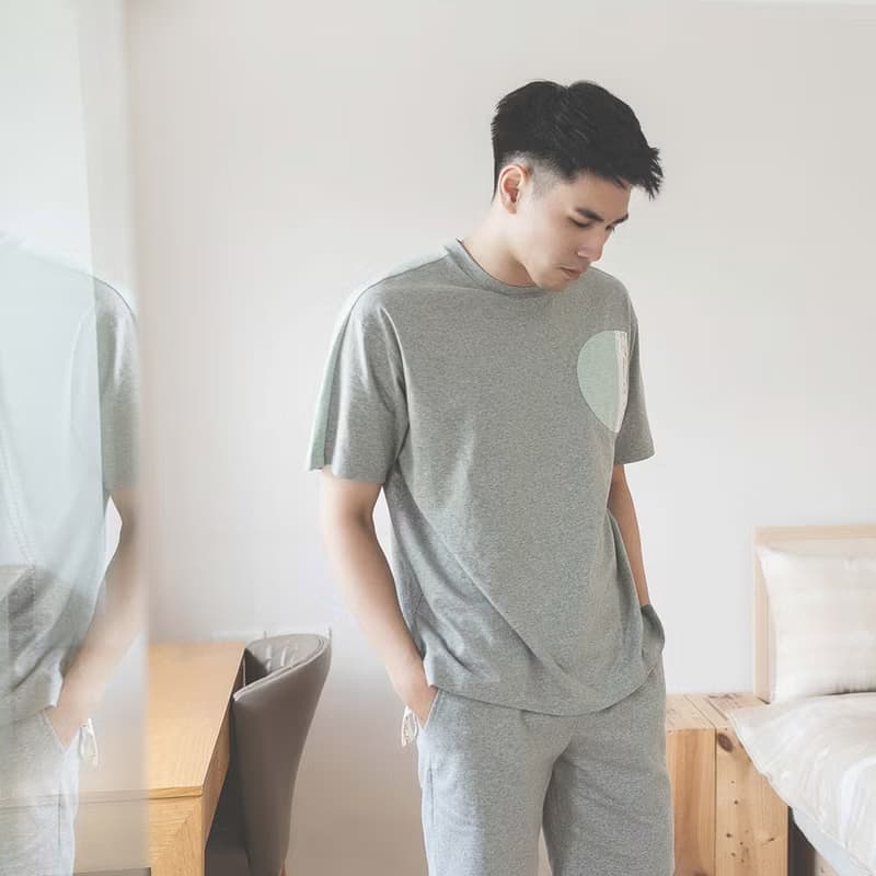 GOTSMIT有機棉拼接拉鍊口袋短袖男居家服-麻花灰/父親節
