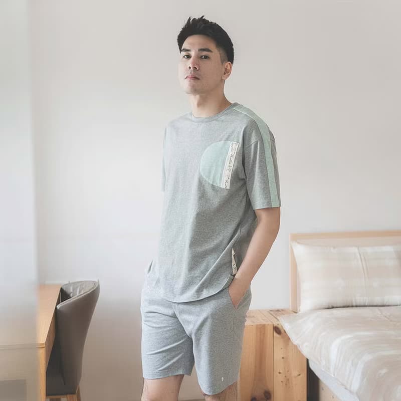 GOTSMIT有機棉拼接拉鍊口袋短袖男居家服-麻花灰/父親節