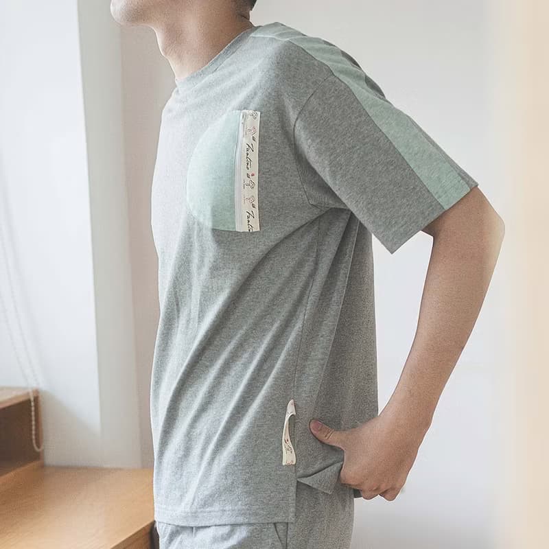 GOTSMIT有機棉拼接拉鍊口袋短袖男居家服-麻花灰/父親節