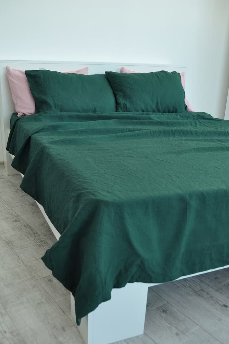 Forest green linen sheet set / Flat+fitted sheet+2 pillowcases/Green bedding