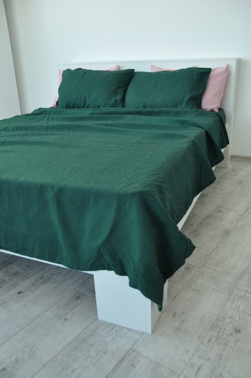 Forest green linen sheet set / Flat+fitted sheet+2 pillowcases/Green bedding