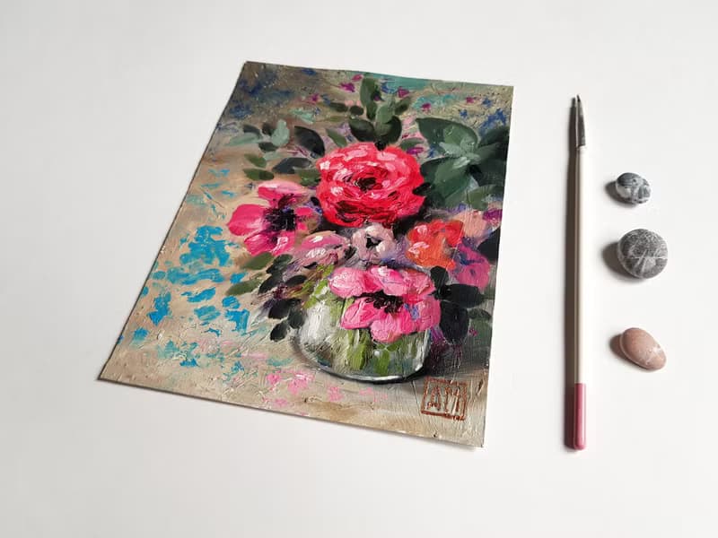 Original artwork - Bright flower bouquet - hand painted oil painting