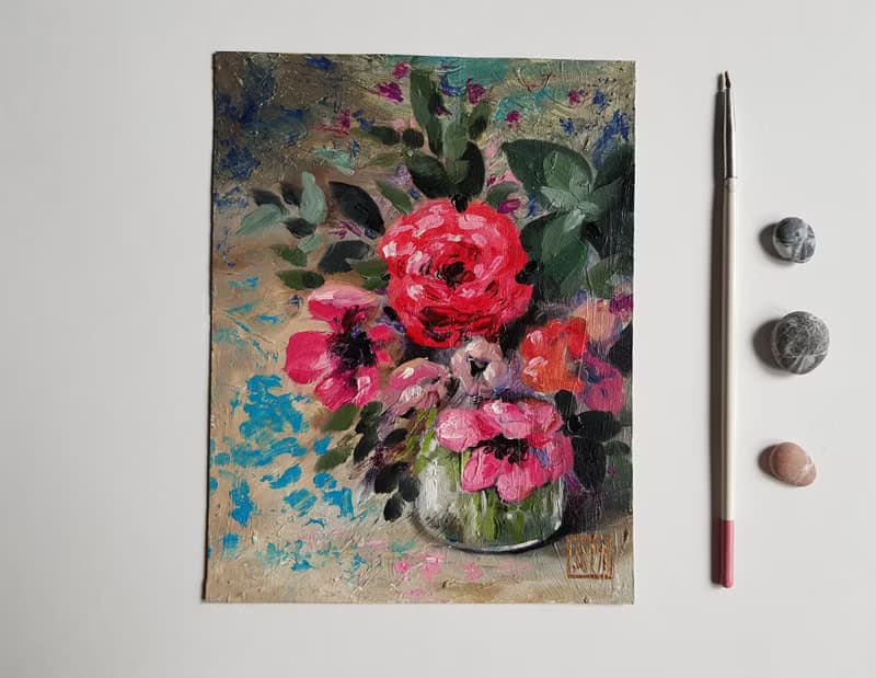 Original artwork - Bright flower bouquet - hand painted oil painting