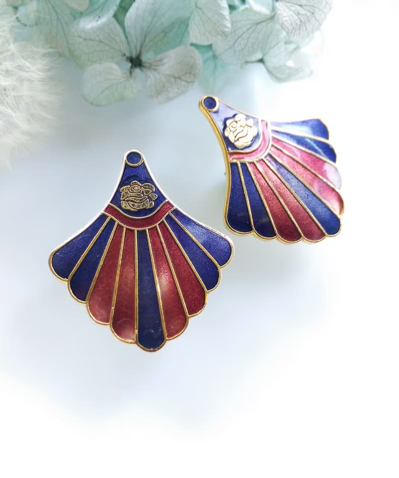 Vintage Jewelry 西洋古董飾品 景泰藍 紫紅 放射裙襬 針式耳環