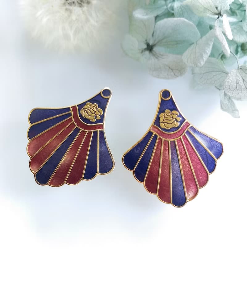 Vintage Jewelry 西洋古董飾品 景泰藍 紫紅 放射裙襬 針式耳環