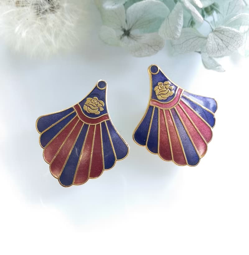 Vintage Jewelry 西洋古董飾品 景泰藍 紫紅 放射裙襬 針式耳環